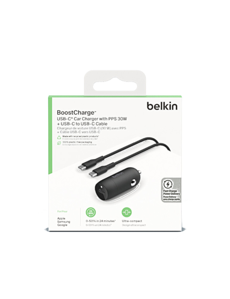 BELKIN Combo Chargeur Voiture USB-C (30W) + Câble USB-C 1m