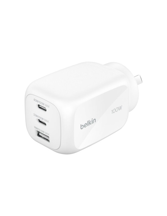 BELKIN Chargeur Secteur GaN 3 Ports 100W Avec Adaptateur Voyage (Blanc)