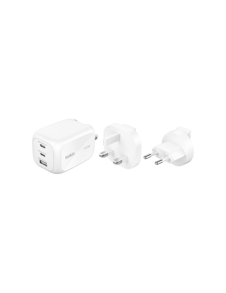 BELKIN Chargeur Secteur GaN 3 Ports 100W Avec Adaptateur Voyage (Blanc)