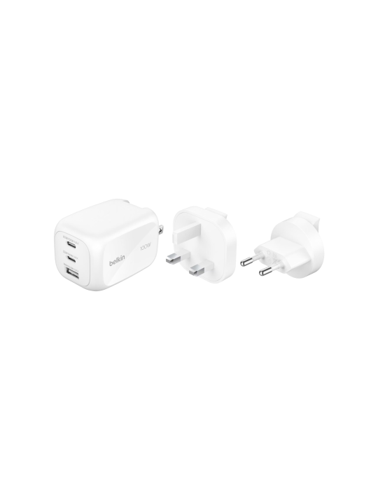 BELKIN Chargeur Secteur GaN 3 Ports 100W Avec Adaptateur Voyage (Blanc)