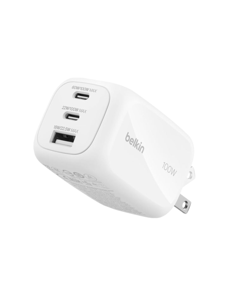 BELKIN Chargeur Secteur GaN 3 Ports 100W Avec Adaptateur Voyage (Blanc)