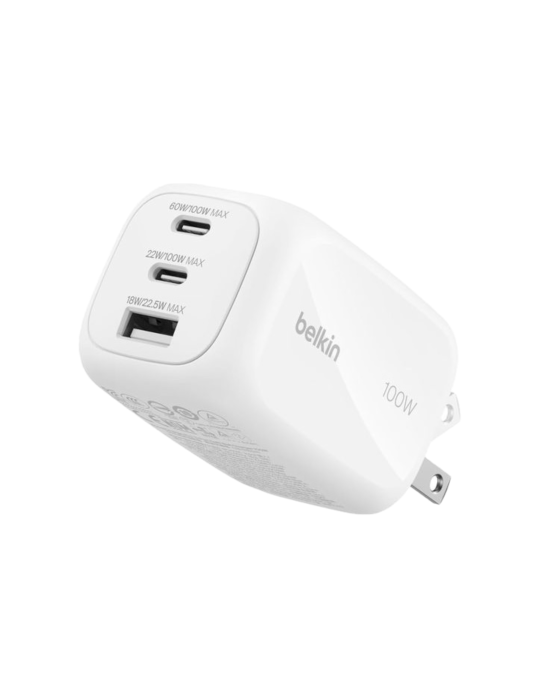 BELKIN Chargeur Secteur GaN 3 Ports 100W Avec Adaptateur Voyage (Blanc)