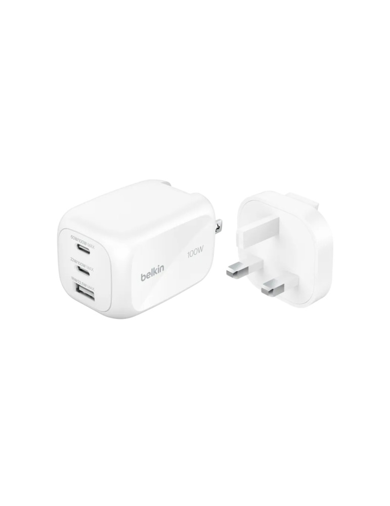 BELKIN Chargeur Secteur GaN 3 Ports 100W Avec Adaptateur Voyage (Blanc)