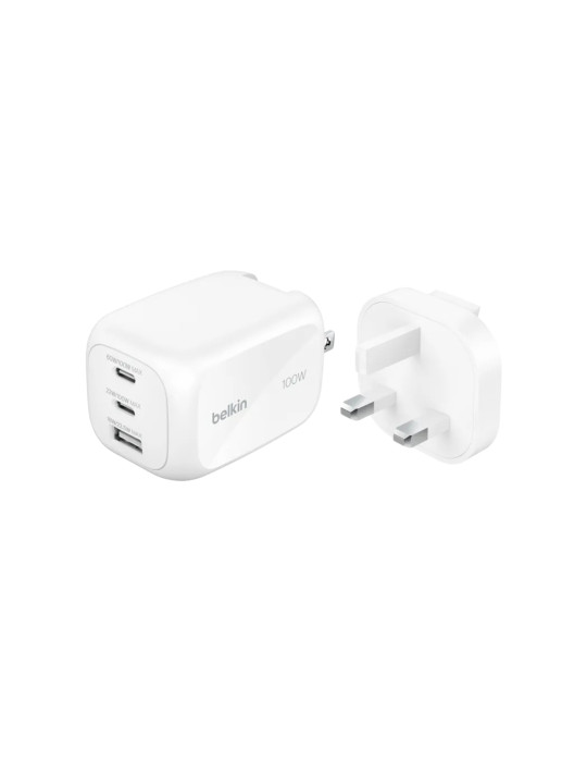 BELKIN Chargeur Secteur GaN 3 Ports 100W Avec Adaptateur Voyage (Blanc)