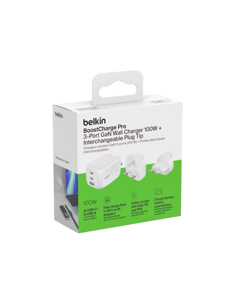 BELKIN Chargeur Secteur GaN 3 Ports 100W Avec Adaptateur Voyage (Blanc)