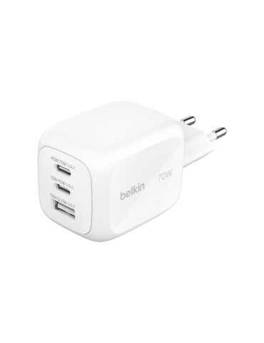 BELKIN Chargeur Secteur GaN 3 Ports 70W Avec Adaptateurs Voyage (Blanc)