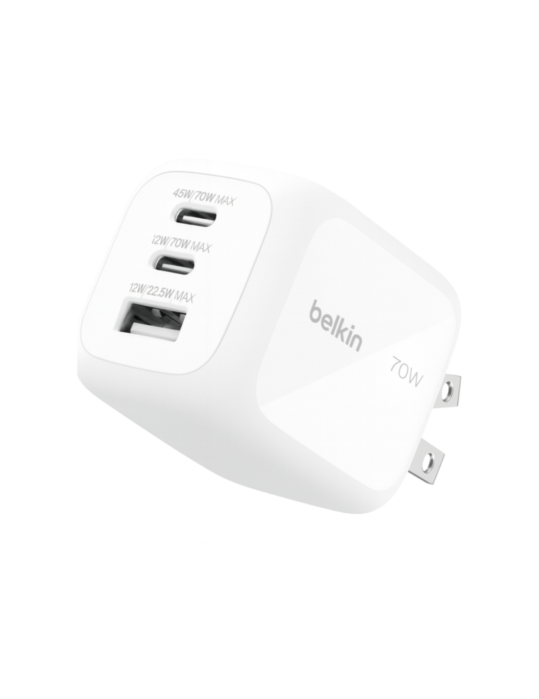BELKIN Chargeur Secteur GaN 3 Ports 70W Avec Adaptateurs Voyage (Blanc)