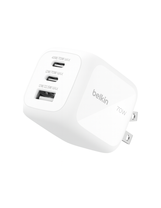BELKIN Chargeur Secteur GaN 3 Ports 70W Avec Adaptateurs Voyage (Blanc)