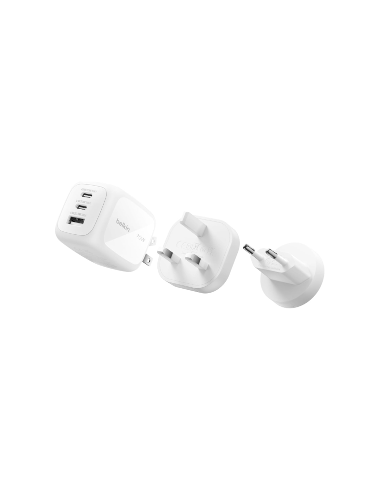 BELKIN Chargeur Secteur GaN 3 Ports 70W Avec Adaptateurs Voyage (Blanc)