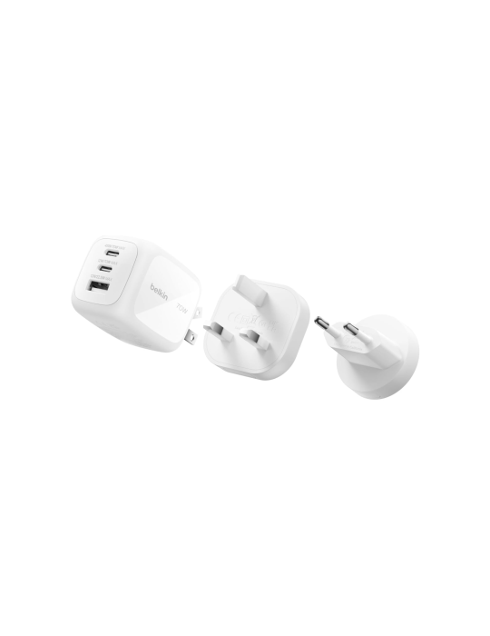 BELKIN Chargeur Secteur GaN 3 Ports 70W Avec Adaptateurs Voyage (Blanc)