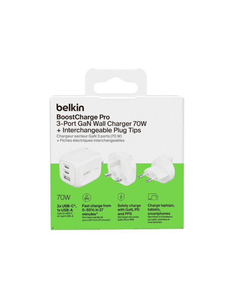 BELKIN Chargeur Secteur GaN 3 Ports 70W Avec Adaptateurs Voyage (Blanc)