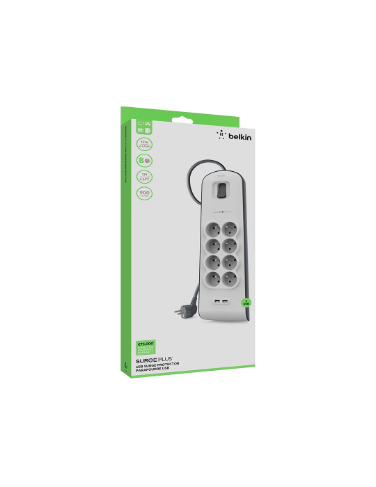 BELKIN Multiprise/Parafoudre 8 prises + 2 ports USB - cordon de 2m - Blanc