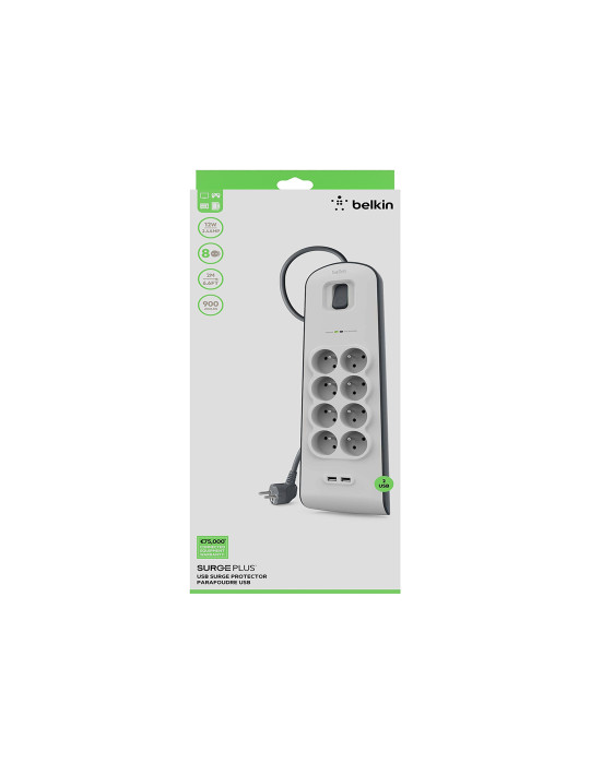 BELKIN Multiprise/Parafoudre 8 prises + 2 ports USB - cordon de 2m - Blanc
