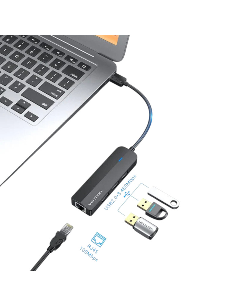VENTION Hub 3 Ports USB 2.0 + Adaptateur Ethernet 100M 0,15m (Noir)