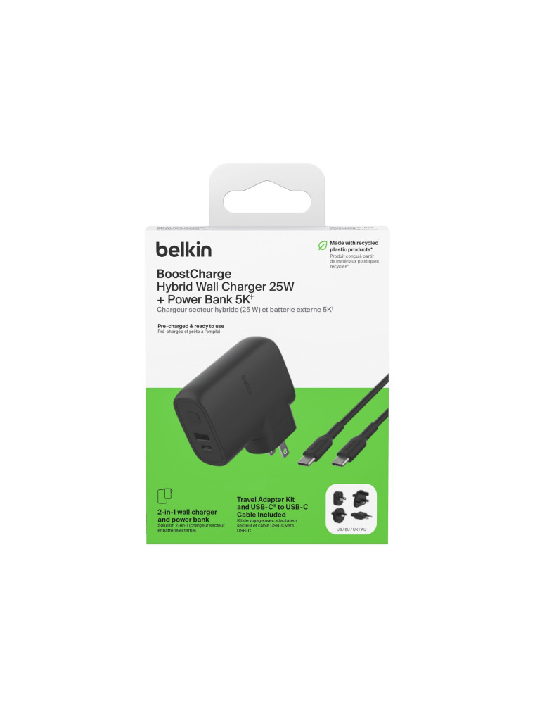 BELKIN Chargeur Secteur Hybride USB-C 25W + PowerBank 5K (Noir)