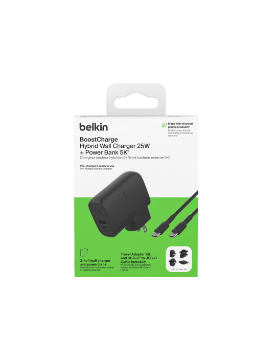 BELKIN Chargeur Secteur Hybride USB-C 25W + PowerBank 5K (Noir)