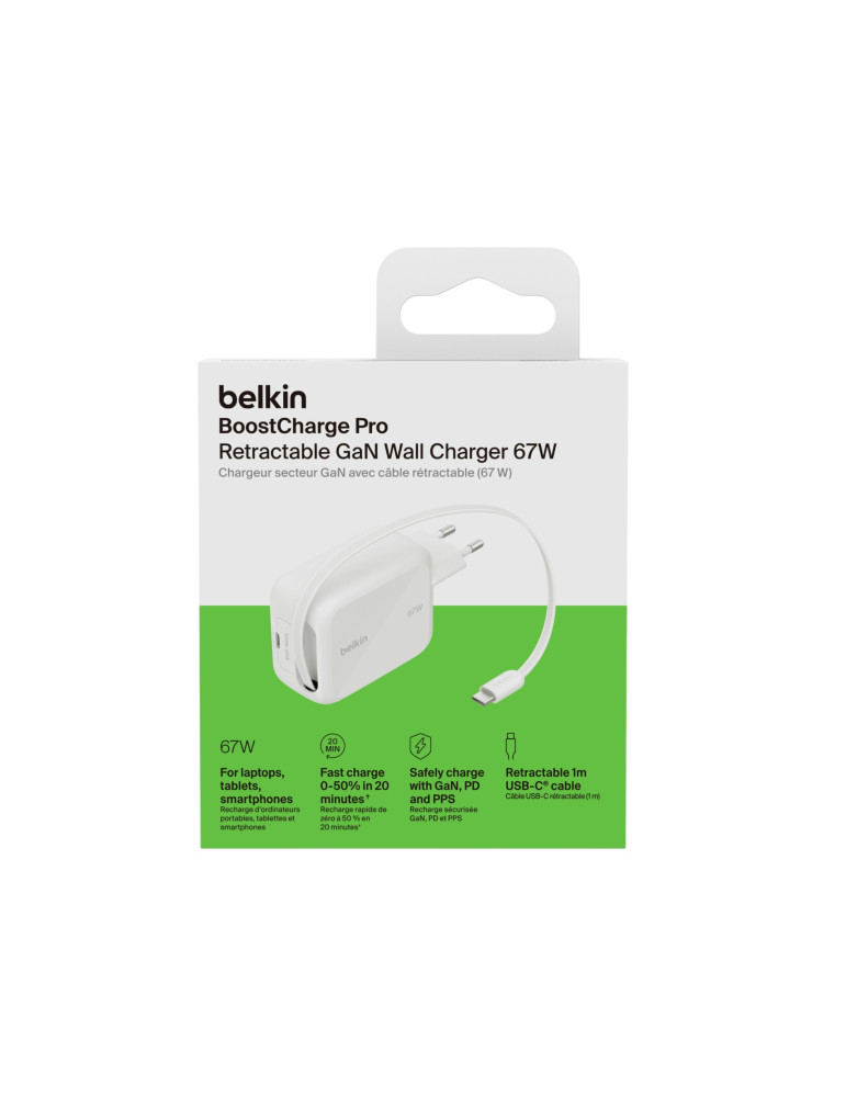 BELKIN Chargeur Secteur USB-C GaN Avec Câble Rétractable (67W)