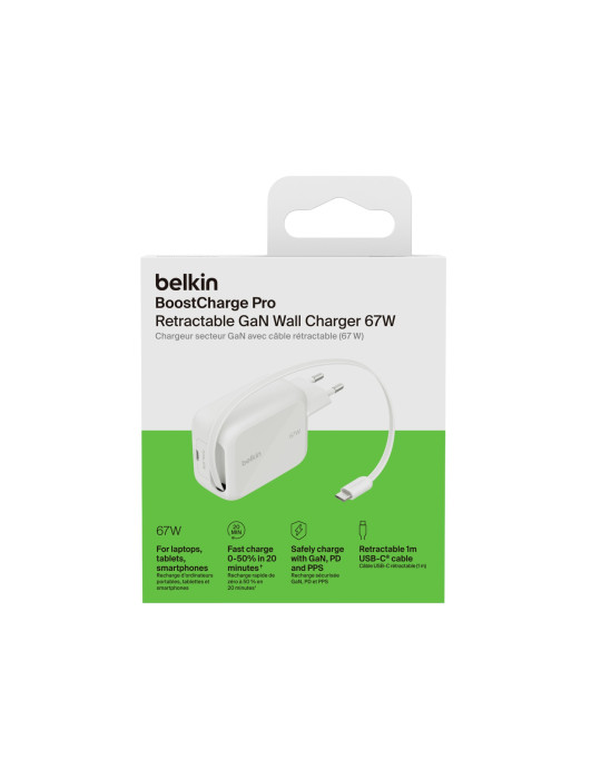 BELKIN Chargeur Secteur USB-C GaN Avec Câble Rétractable (67W)