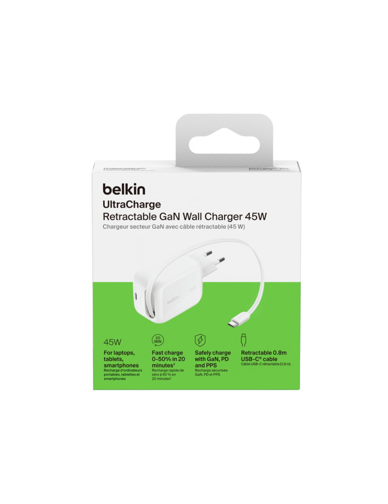 BELKIN Chargeur Secteur USB-C GaN avec Câble Rétractable (45W)