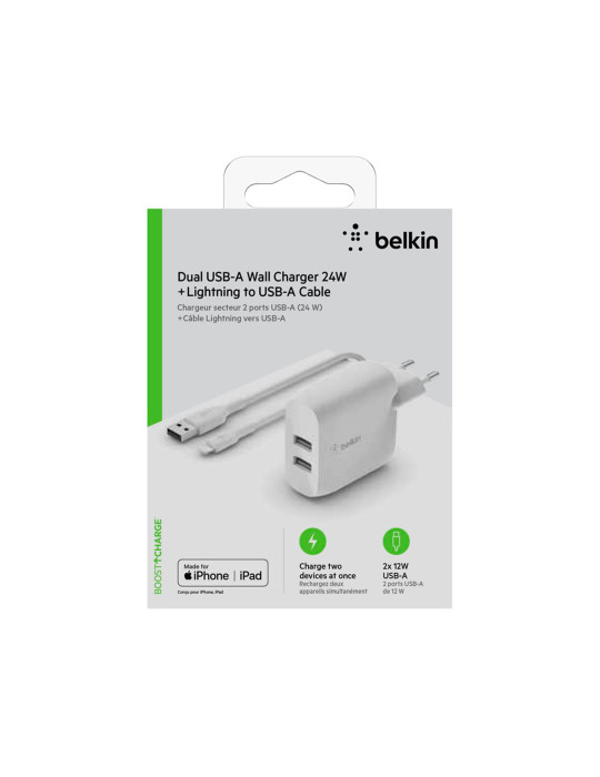 BELKIN Chargeur 24W + câble Lightning (2 USB-A) (Blanc)