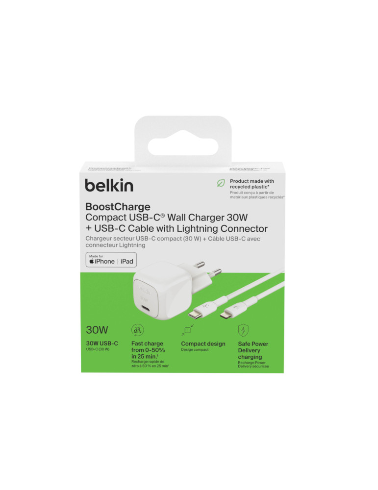BELKIN Chargeur Secteur 30W + Câble USB-C vers Lightning 1m (Blanc)