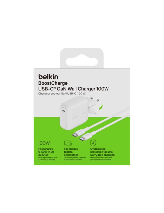 BELKIN Chargeur Secteur USB-C 100W avec Câble USB-C vers USB-C 1,5m (Blanc)