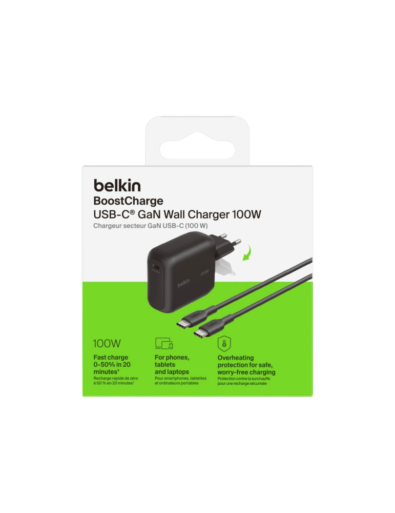 BELKIN Chargeur Secteur USB-C 100W avec Câble USB-C vers USB-C 1,5m (Noir)