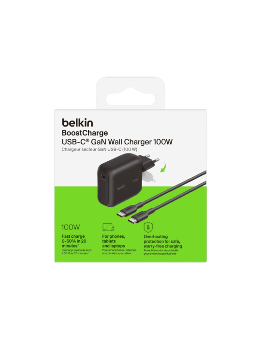 BELKIN Chargeur Secteur USB-C 100W avec Câble USB-C vers USB-C 1,5m (Noir)