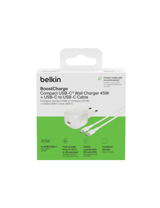 BELKIN Chargeur Secteur 45W + Câble USB-C vers USB-C 1m (PVC) (Blanc)