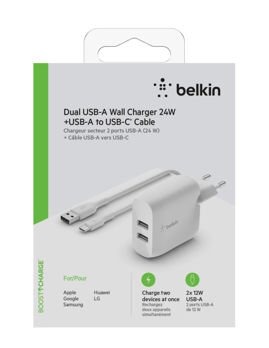 BELKIN Chargeur 24W + câble USB-C (2 USB-A) (Blanc)