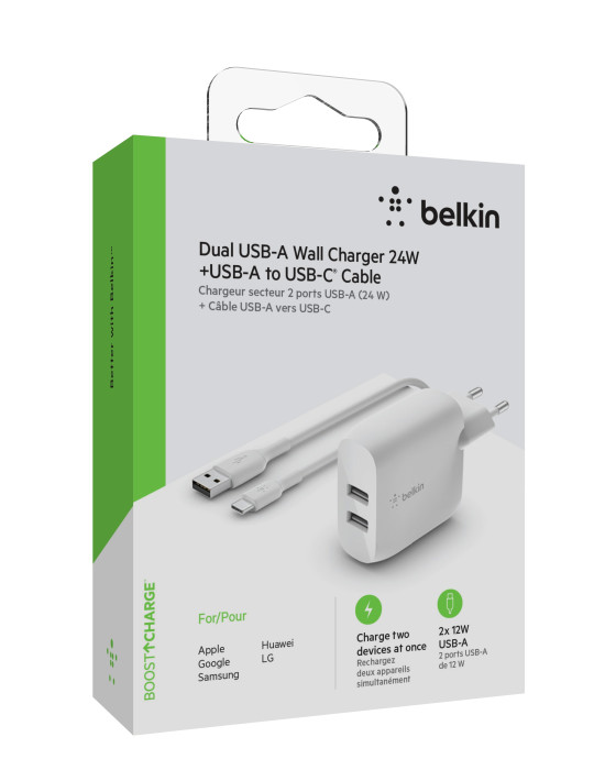 BELKIN Chargeur 24W + câble USB-C (2 USB-A) (Blanc)