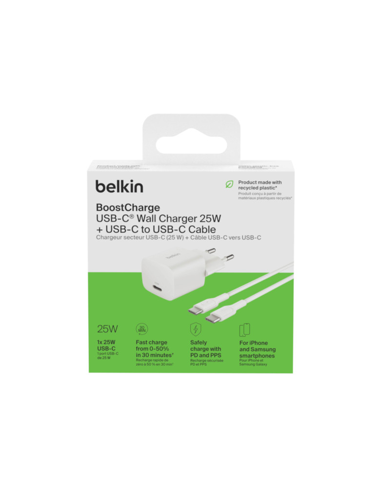 BELKIN Chargeur Secteur 25W + Câble USB-C vers USB-C 1m (Blanc)