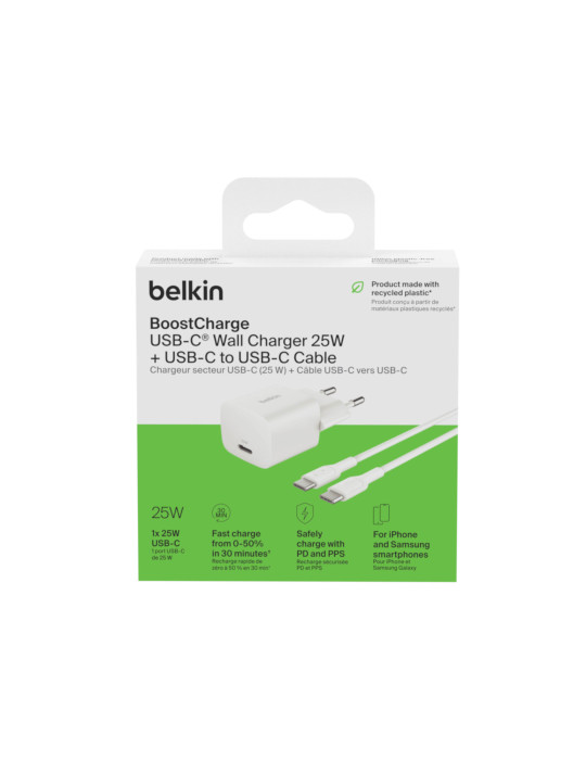 BELKIN Chargeur Secteur 25W + Câble USB-C vers USB-C 1m (Blanc)
