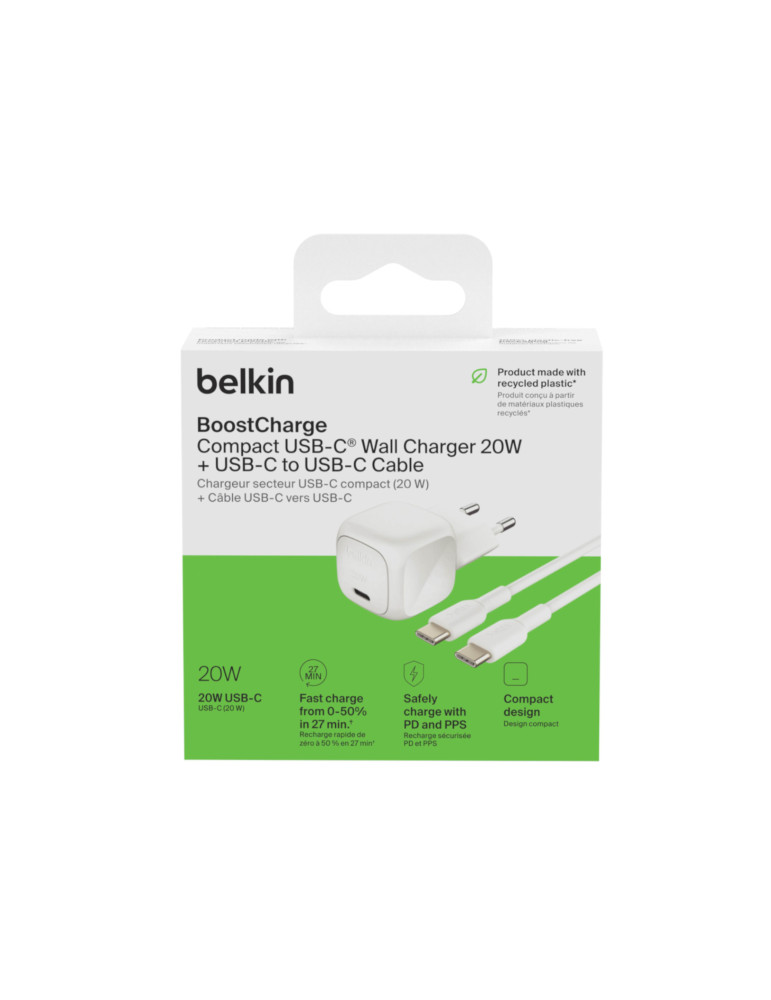 BELKIN Chargeur Secteur 20W + Câble USB-C vers USB-C 1m (Blanc)