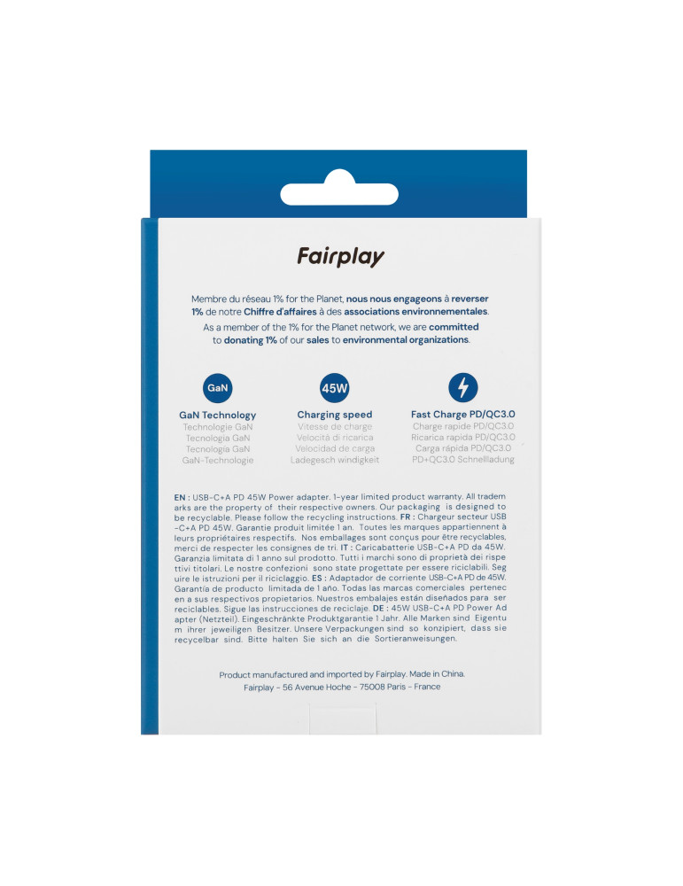 FAIRPLAY Chargeur 45W (USB-A + USB-C) (Blanc) | DOTIRI