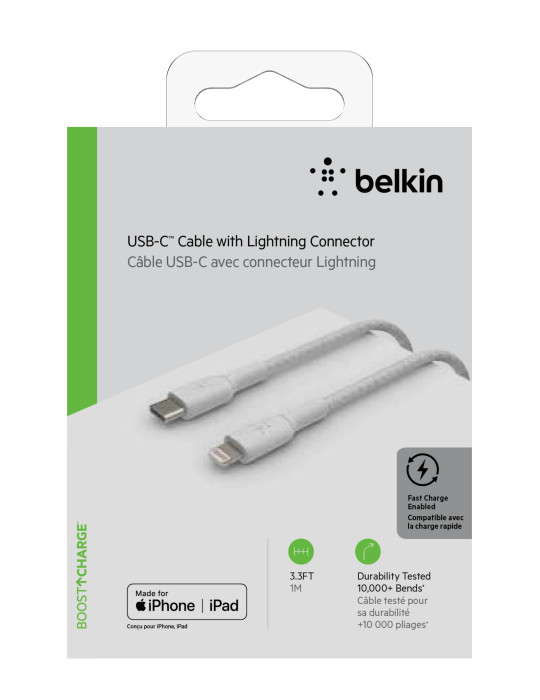 BELKIN Câble Tressé USB-C vers Lightning 1m (Blanc)
