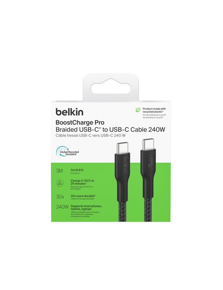 BELKIN Câble Tressé PCR USB-C vers USB-C 240W 2.0 3m (Noir)