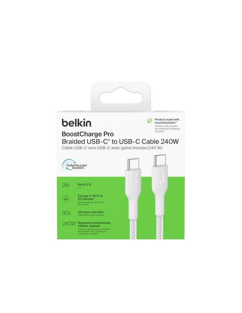 BELKIN Câble Tressé PCR USB-C vers USB-C 240W 2.0 2m (Blanc)