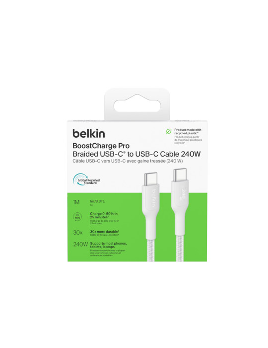 BELKIN Câble Tressé PCR USB-C vers USB-C 240W 2.0 1m (Blanc)