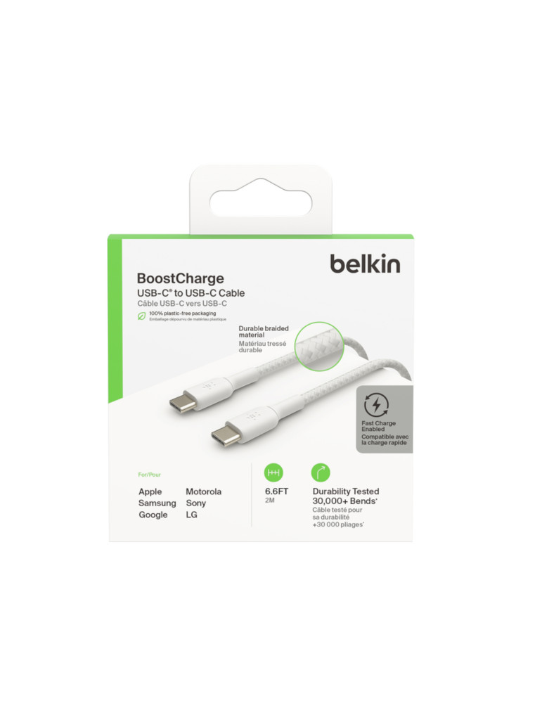 BELKIN Câble tressé USB-C vers USB-C 2m (Blanc) | DOTIRI
