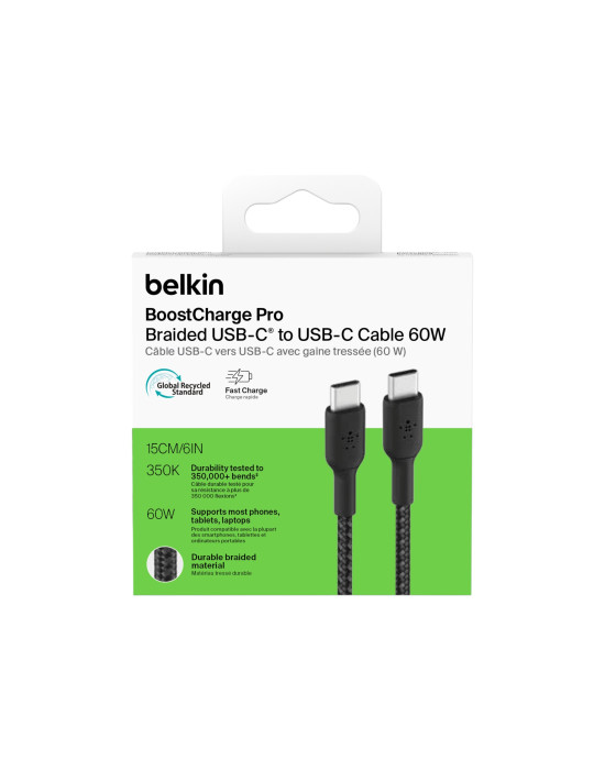 BELKIN Câble Tressé USB-C vers USB-C 0,15m (Noir) | DOTIRI